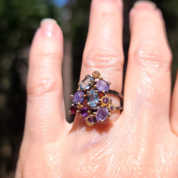 Blue Topaz Tanzanite Amethyst & Rhodolite Sterling 🍸 Cocktail 💍 ring sz6.5 - Picture 3 of 8